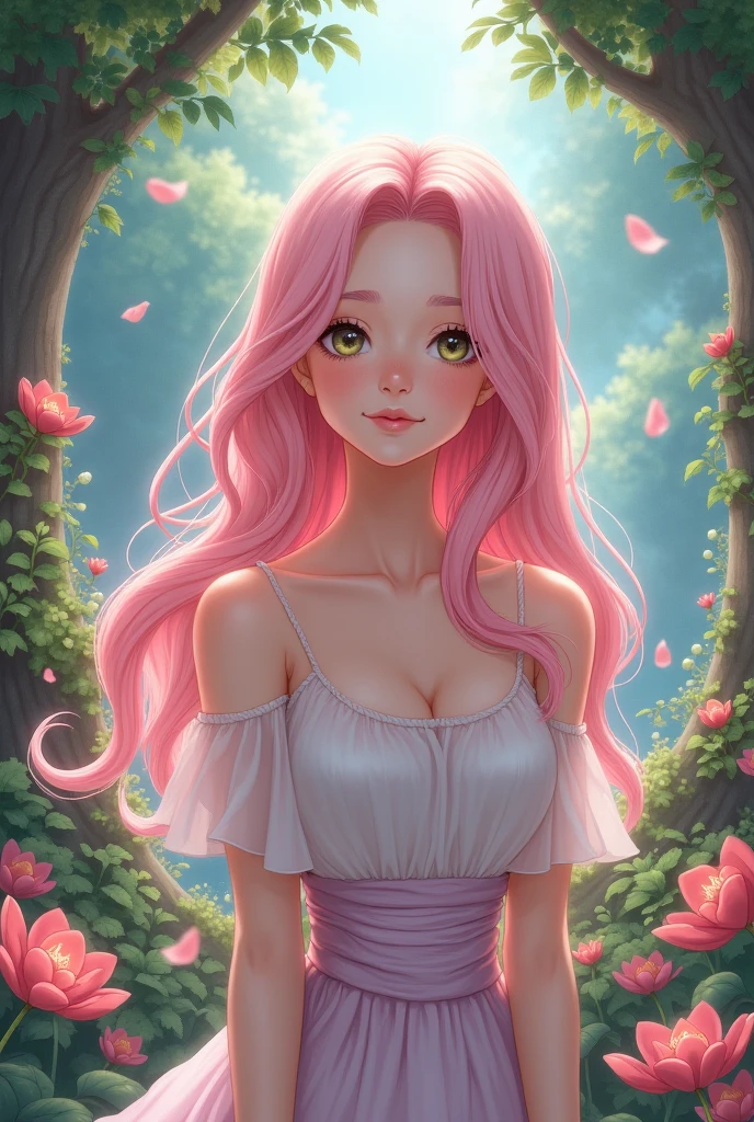 (Masterpiece, Best quality), 1girl,  Wavy hair, looking at viewer, facing viewer, straight on view, Upper body, Suspenders, Estampados florales,  Pink hair, Sunlight ,scenery, small breasts, necklace, cleavage 