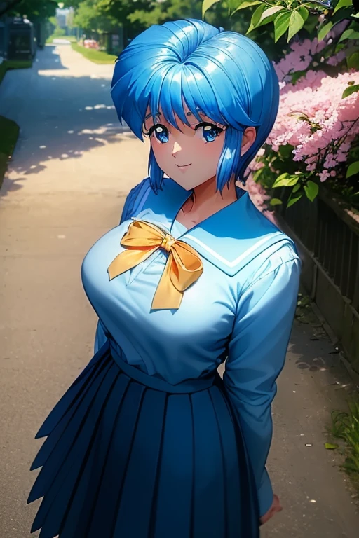 (( best quality)),(Super A High Resolution),( super detailed),( Delicate depiction ),(( best CG )),(a masterpiece),Ultra-detailed art,The art of astonishing depiction, Sparkling Eyes, (fine grain)、Beautiful and pretty eyes、( Beautiful breasts:1.1) 、

((( ブルーのセーラースーツを持っている、I have a blue sailor suit with a large ribbon :1.5、 Blue Pleated Skirt )))、  girls、 1 girl、 Beautiful Girl 、
 blue hair、 shorthair 、 blue eyes、 blue eyes、 blue eyes、smile、smile、
 Under the Big Cherry Blossom Tree at School、Cherry blossoms in full bloom