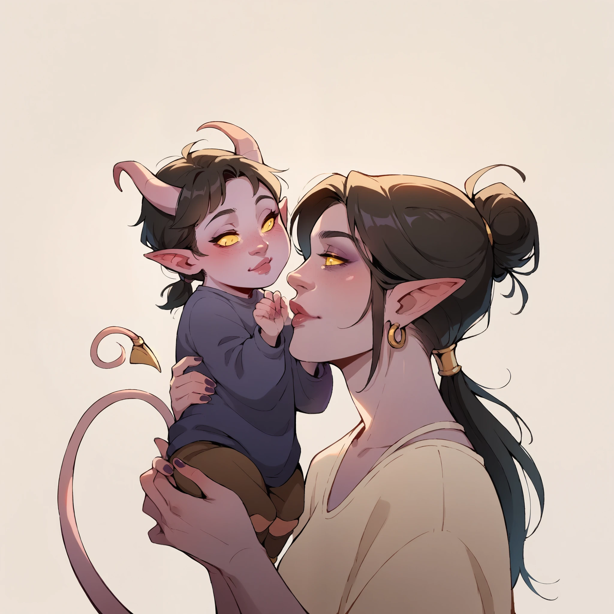 score_9, score_8_up, score_7_up, score_6_up, sw4p, 1girl, Tiefling woman holding a baby, mother and  , tiefling horns, black hair, purple skin, yellow eyes, tiefling tail, simple background, elixolsn, motherhood, tender scene