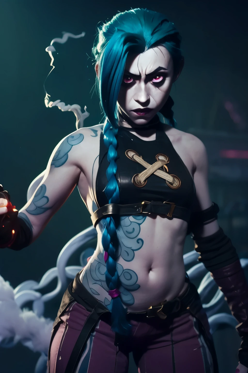 Hyper realistic super detailed Jinx cosplay , Young girl, , Very detailed, (hyper realistic: 1.4), in dynamic pose, angry face, twin braids, long hair, blue hair, red eyes, tattooed arm , ((angry face)), arcane style. ((Grunge Neon grafitti background, smoke, cinematic lighting)).