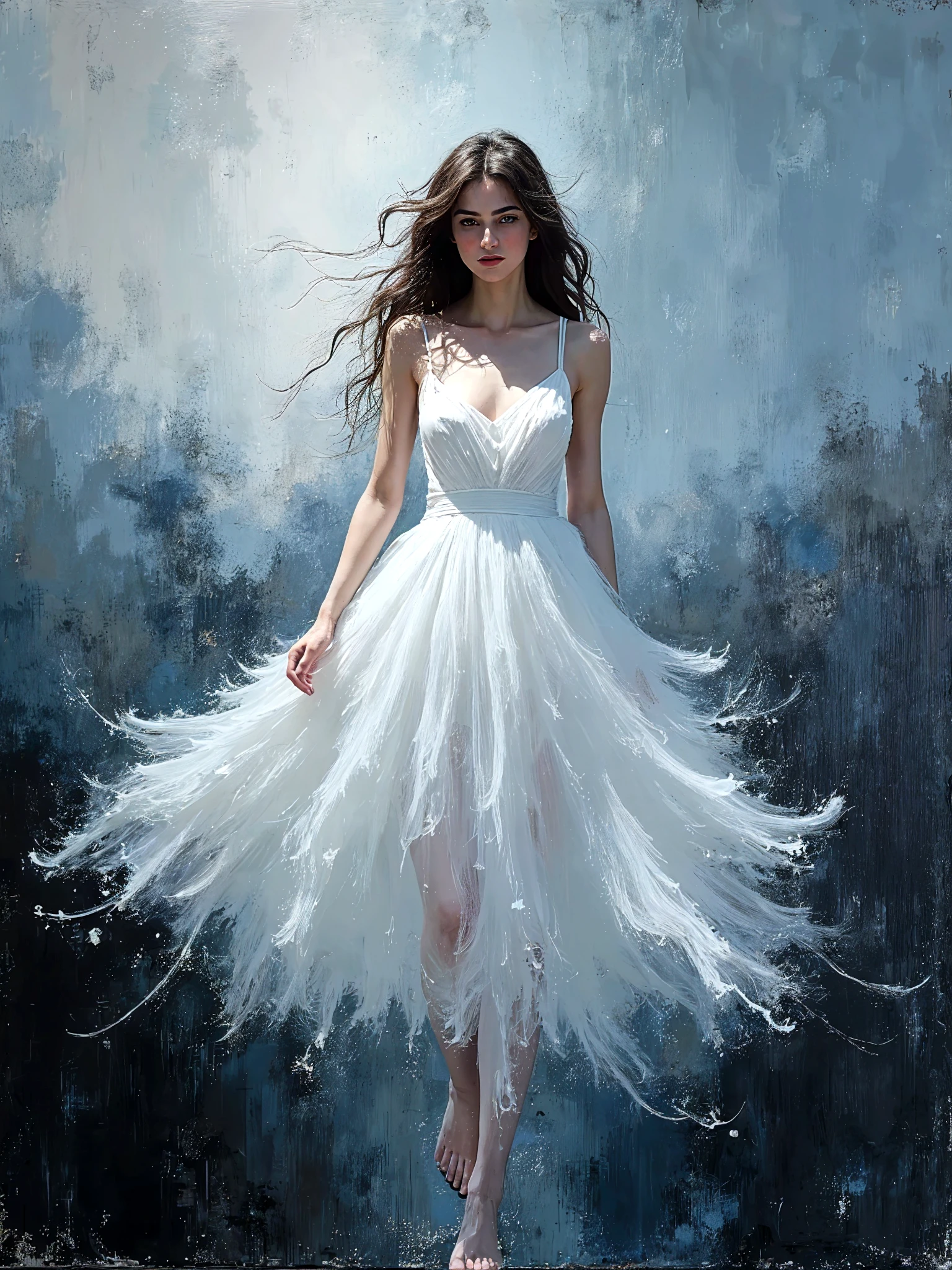Painting of a woman in a white dress walking on a sidewalk - SeaArt AI