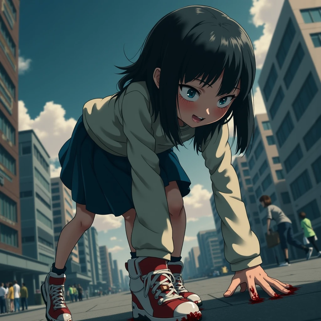  Giant Girl's Low Perspective .  The girl looks down mockingly at the cityscape、 The Girl Is Looking Down at Buildings ,  emphasizes the ratio of size to the city 、It highlights her size . Small person々 is crushed under her feet ,  blood splatters on her shoes 、 smirking 、 bright 、live-action、 Japanese、、A large number of people々、少女から逃げるA large number of people々