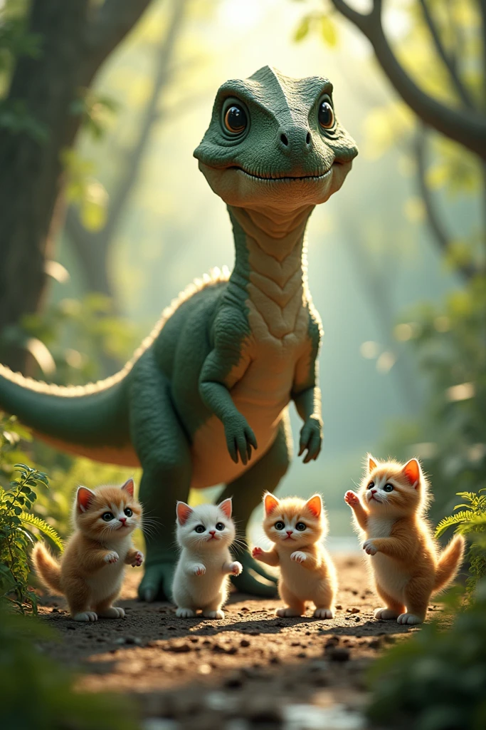 Kittens dancing with dinosaur