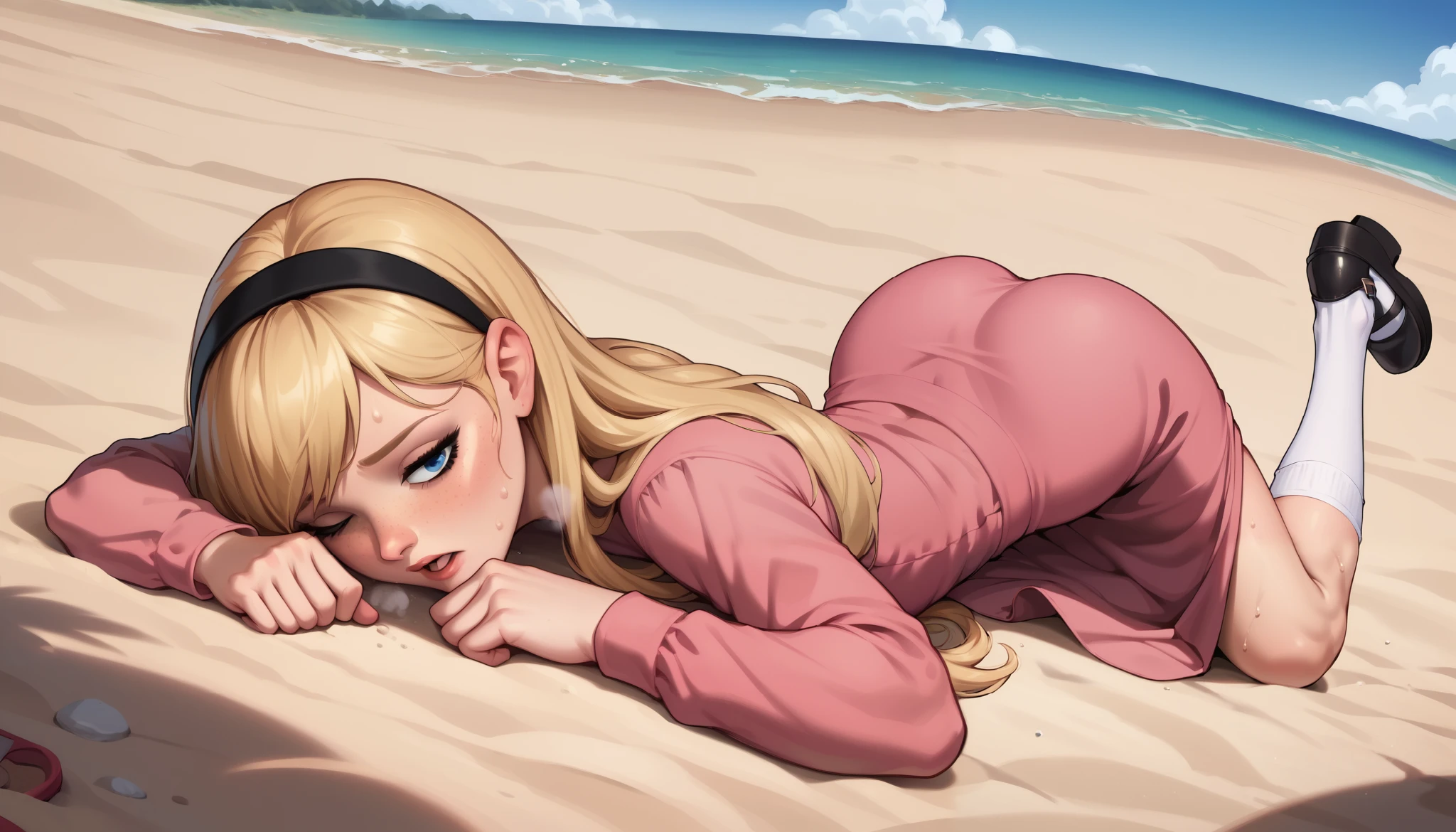 1girl, full body, solo, penny peterson, long hair, blue eyes, freckles, blonde hair, shirt, skirt, hairband, black hairband, white socks, dress, pink dress, long sleeves, mary janes, black mary janes, ass-up, face-down, defeated, ryona, in beach, beach sand, straight-on, lying, on stomach, showing her butt, heartbeat sounds, eyes closed, tired, booty Sweating, panting, moaning, heavy Breathing