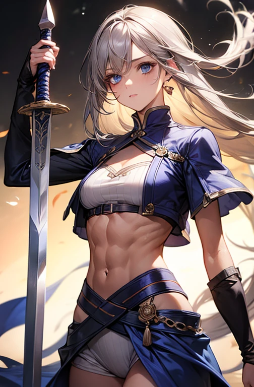 brown skinned, silver hair, abs, androgynous, nsfw, black skirt, chainmail armor, holding sword