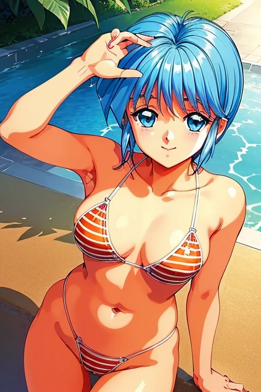 masterpiece, best quality, poolside, summer, solo, gyaru, bishounen, tomboy, tall female, aqua hair, hairband, red eyes, tsurime, smile, blue competition swimsuit, black sportswear, wet, koizumi hitomi