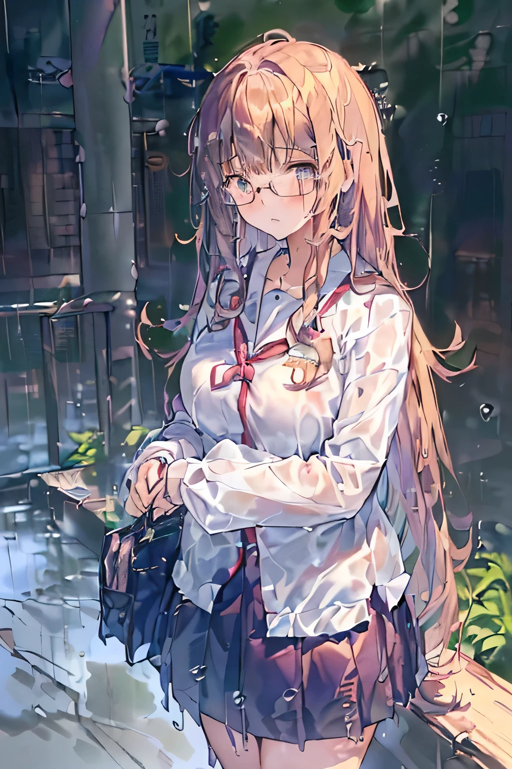 1girl, beautiful detailed eyes, long white hair, light red eyes, school uniform, high white stocking, lustrous skin, city, night, high contrast, ((masterpiece, best quality))