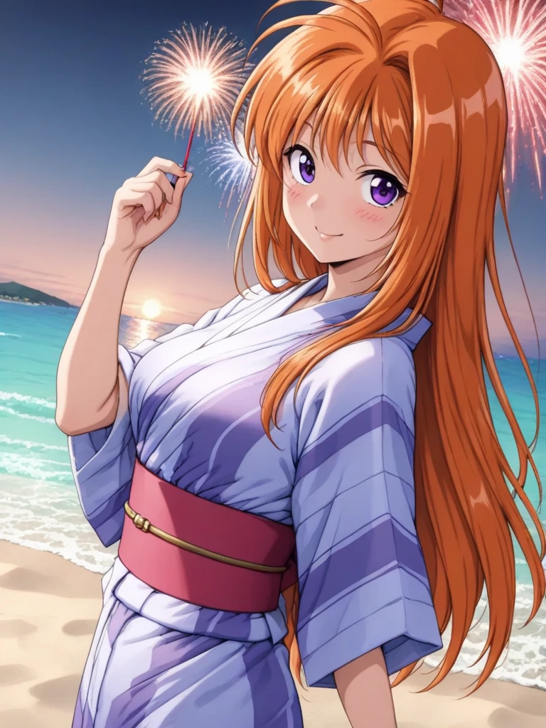 masterpiece, best quality, SaekiRuruna, 1girl, solo, long hair, orange hair, purple eyes, medium breasts, antenna hair, smile, blush, yukata, beach, firework,