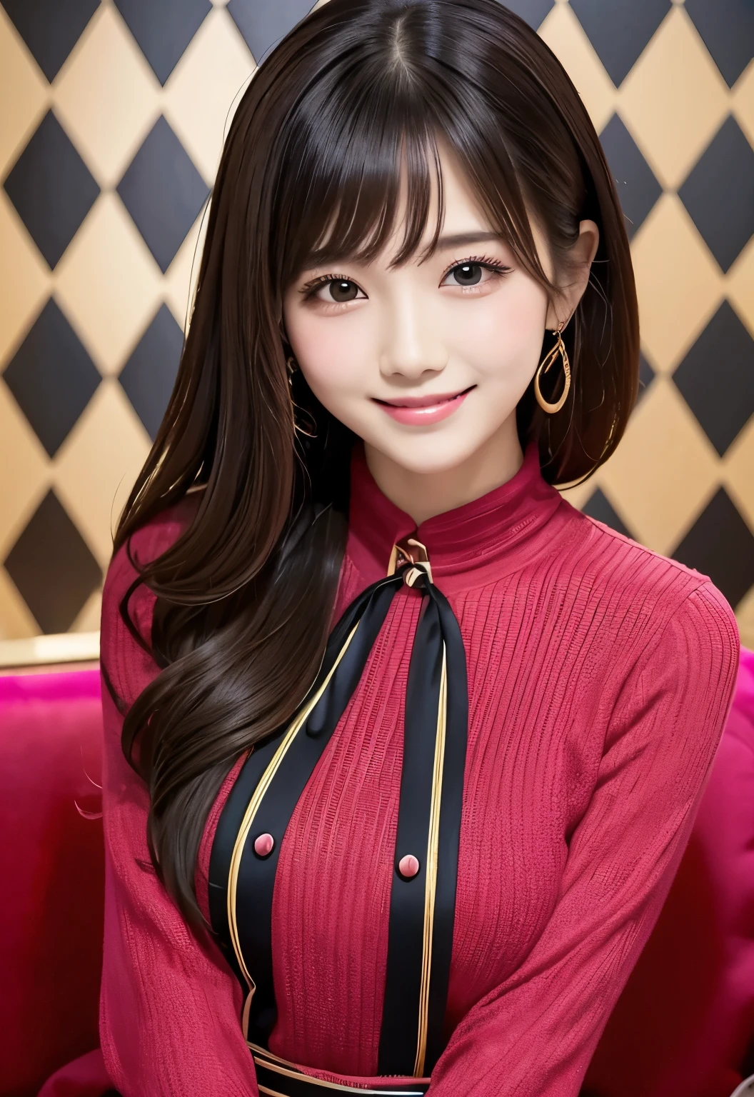 masterpiece、Highest quality、whole body、One Girl、bangs、Japanese、 black hair、long hair、sofa、argyle、smile、alone、Stylish woman、vivid colored outfits、front、Luxury background elements、Confident expression、Modern and trendy、Fashion focus
