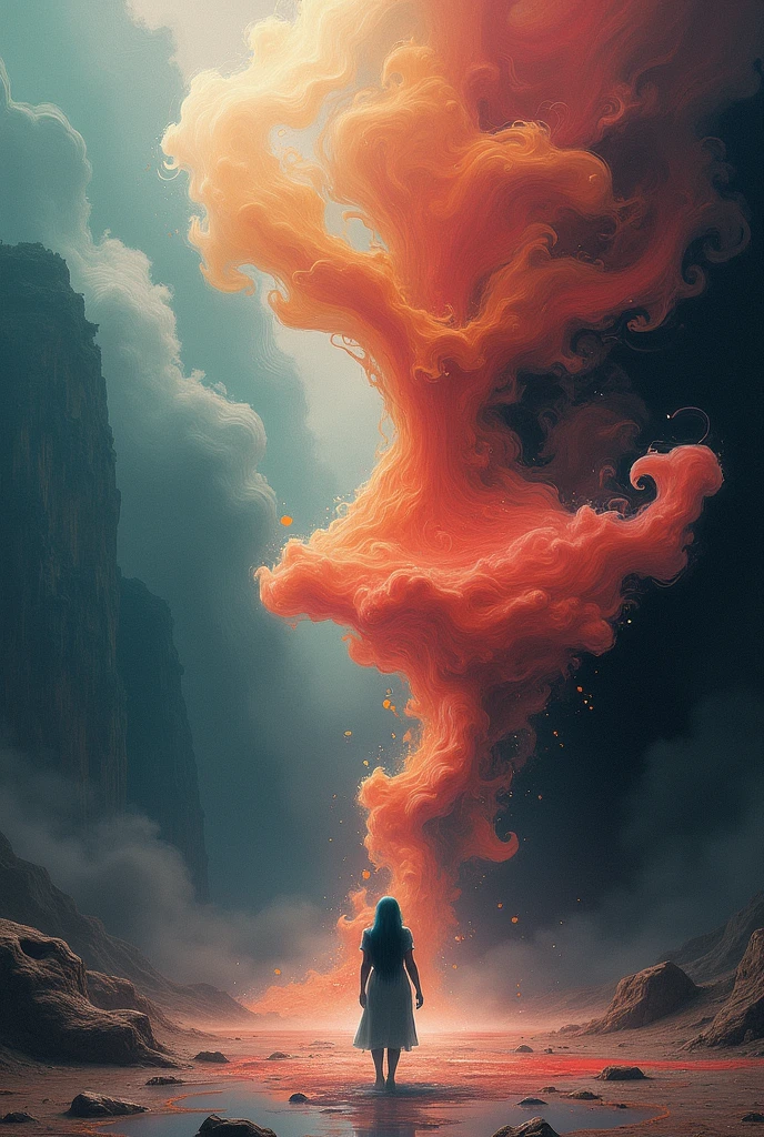 A highly detailed and hyper-realistic depiction of a princess in green skirt, in blue shirt, wearing white panties, Realistic hands. ((full body)), mybeauties, The perspective is from below. ((Full body, bare feet)). The character is surrounded by mist, evoking a mysterious and eerie atmosphere. The lighting is dark and atmospheric, with a red smoke adding a touch of sinister ambiance. The image is of the best quality, with a resolution of 4k and HDR enhancement, showcasing the utmost level of detail and realism, sfw, full body shot.