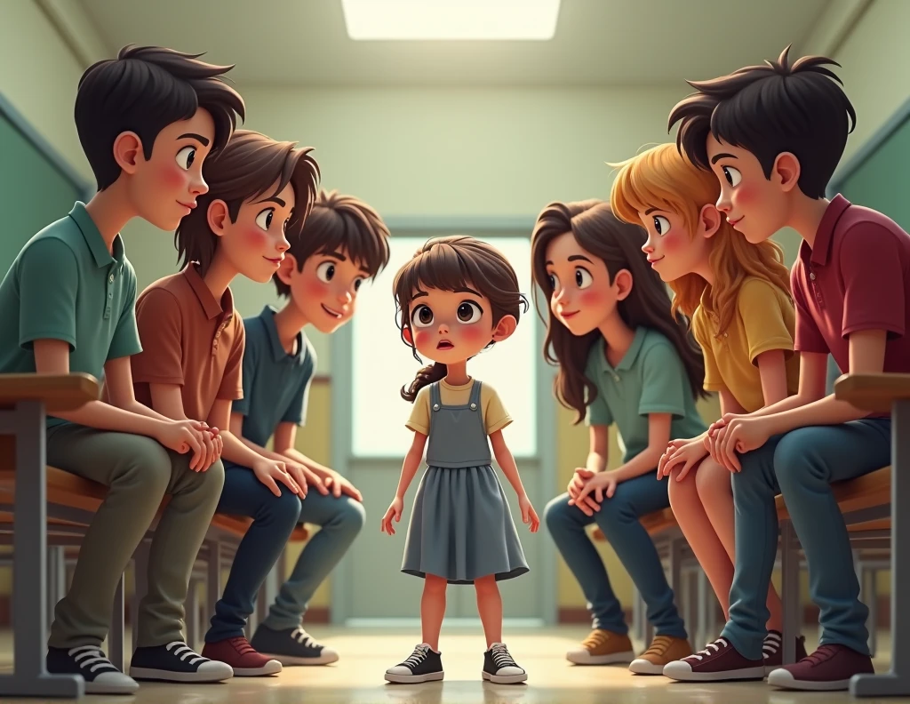 seed - 2125842058: " Jamie, 9 years old and girl, with medium length hair, a scared face with wide brown eyes, wearing a yellow frock with short sleeves, knee-length, and white sneakers. She is standing in the schoolyard, surrounded by other kids and swings in the background. Jamie has an intense expression on her face as she talks with Zack, a 10-year-old boy with tousled brown hair and a worried expression. The image is in 3D pixar style, 16:9 ratio."