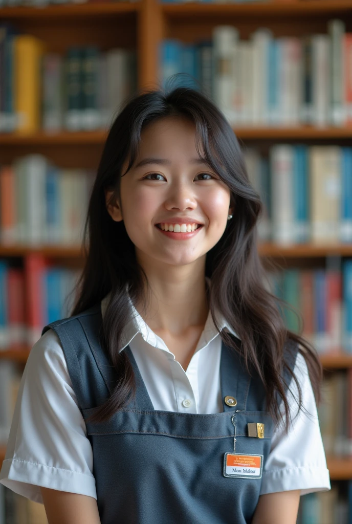  A beautiful woman  ,  ethnic South Korean is taking a picture in her school library, her name tag reads  "Menisa Halawa "  she is wearing an Indonesian high school uniform ,  looks cheerful and full of excitement ,  clear realistic photo of 8k resolution 