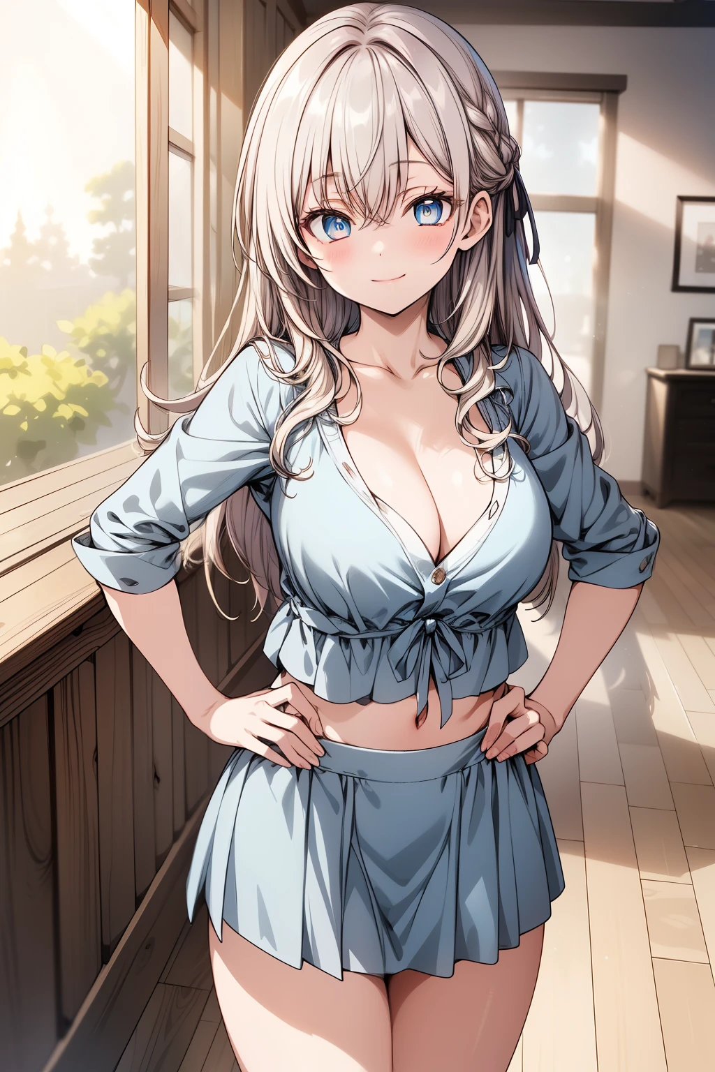 (masterpiece), (best quality), (ultra-detailed), (high resolution), (8K), (sharp focus), (perfect lighting), (natural colors), (anime style), (soft shading)

Alisa, (beautiful young woman), (long blonde hair), (blue eyes), (eyes high detail), (pupils ), (blushing slightly), (cute smile), (elegant posture),(wide hips), (large breasts) 

Outfit: (casual attire), (light blue top), (V-neck with subtle cleavage), (mini skirt), (form-fitting), (showing midriff), (bare legs), (relaxed pose)

Scene: (inside a cozy house), (warm lighting), (soft shadows), (simple interior), (wooden floor), (background blur), (gentle atmosphere)

Pose: (standing casually with one hand on hip), (leaning slightly), (looking towards the viewer with a playful expression), (confident yet gentle demeanor)