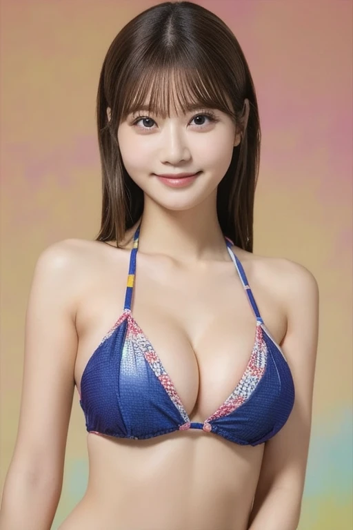 Colorful patterned bikini:2、 beautiful boobs:2、 boob emphasis:2、 Model Pose :2、whole body:2、  Japanese、  College Student 、1 woman、Big Eyes、 double eyelid 、 Thick lips、 beautiful face、shame:2、 middle of chest:1.5、 Chest emphasis  :2、belly button:2、(masterpiece、 best quality、 professional lighting、  colorful background :2、   anatomically accurate,  Ultra-fine,   very detailed  ,    textured skin , ):2、 gaze, smile, whole body:3、Look ahead:3、