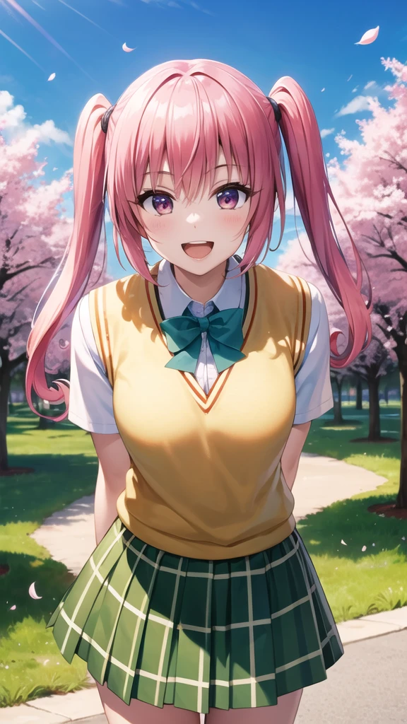 masterpiece, best quality, highres, aanana, long hair, twintails, school uniform, green bowtie, white shirt, sweater vest, short sleeves, plaid skirt, green skirt, standing, cowboy shot, outdoors, smile, open mouth, leaning forward, arms behind back, cherry blossoms,