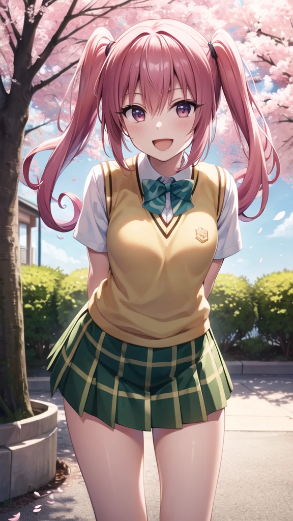 masterpiece, best quality, highres, aanana, long hair, twintails, school uniform, green bowtie, white shirt, sweater vest, short sleeves, plaid skirt, green skirt, standing, cowboy shot, outdoors, smile, open mouth, leaning forward, arms behind back, cherry blossoms,