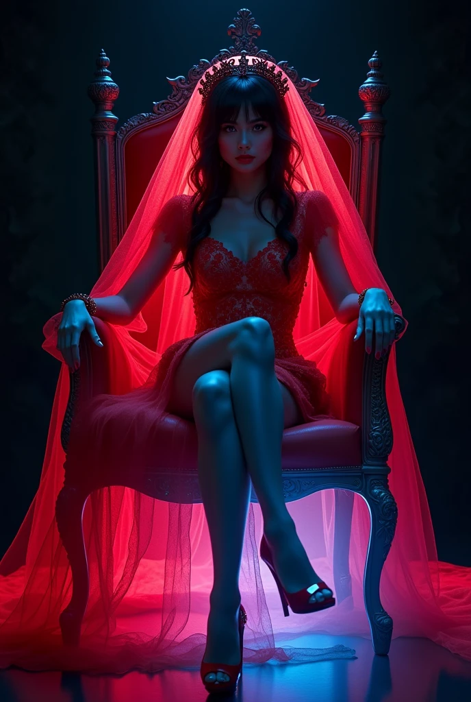 photorealistic of "holographic image" in glowing shape of full body girl, dark goth bride wearing red tulle veil in royal style, sitting in a throne, crossing legs,provocative pose stance,hi-res highly detailed, intricate, psychedelic gradient multi-color