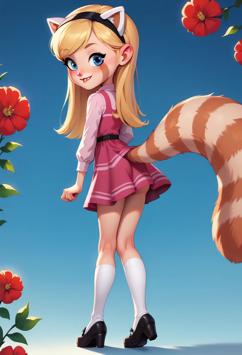 1girl, full body, solo, penny peterson, long hair, blue eyes, freckles, blonde hair, skirt, red panda ear hairband, black hairband, white socks, dress, pink dress, long sleeves, mary janes, black mary janes, booty, butt, backside, Red Panda Tail on Butt, showing her butt, naughty Face, Cute Smile, Lip Bite, Staring at Viewer, crass girl, Blue Background 