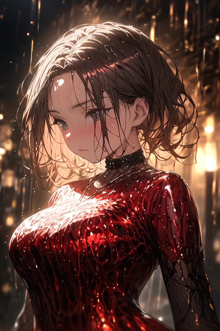 ((highest quality)), ((masterpiece)), (detailed), (front view), ((full body view from far)), (one girl), sexy, shiny skin, glossy skin, big breast, hourglass body, housewife, Standing in a dimly lit, rain-drenched environment, with water droplets glistening on her skin and outfit. She wears a bold, form-fitting, strapless red dress that has a glossy, semi-transparent texture resembling molten lava or organic patterns. The dress clings to her figure, with high slits exposing her legs and intricate cutouts enhancing the bold design. Her short, wet brown hair is styled in a loose, slightly messy bob that frames her face, with strands sticking to her forehead and cheeks. Her expressive green eyes are large and highlighted with a reflective sheen, conveying a mix of intensity and vulnerability. She has a soft, youthful face, slightly flushed, emphasizing her emotional state. Accessories include a delicate black choker around her neck and a thin bracelet on her wrist, both adding to the modern, edgy look. The background is illuminated by streaks of lightning and faint glowing lights, creating a dramatic, cinematic effect that enhances the overall tension and allure of the scene. The fabric is slightly translucent in the sunlight. ((Depth of field))