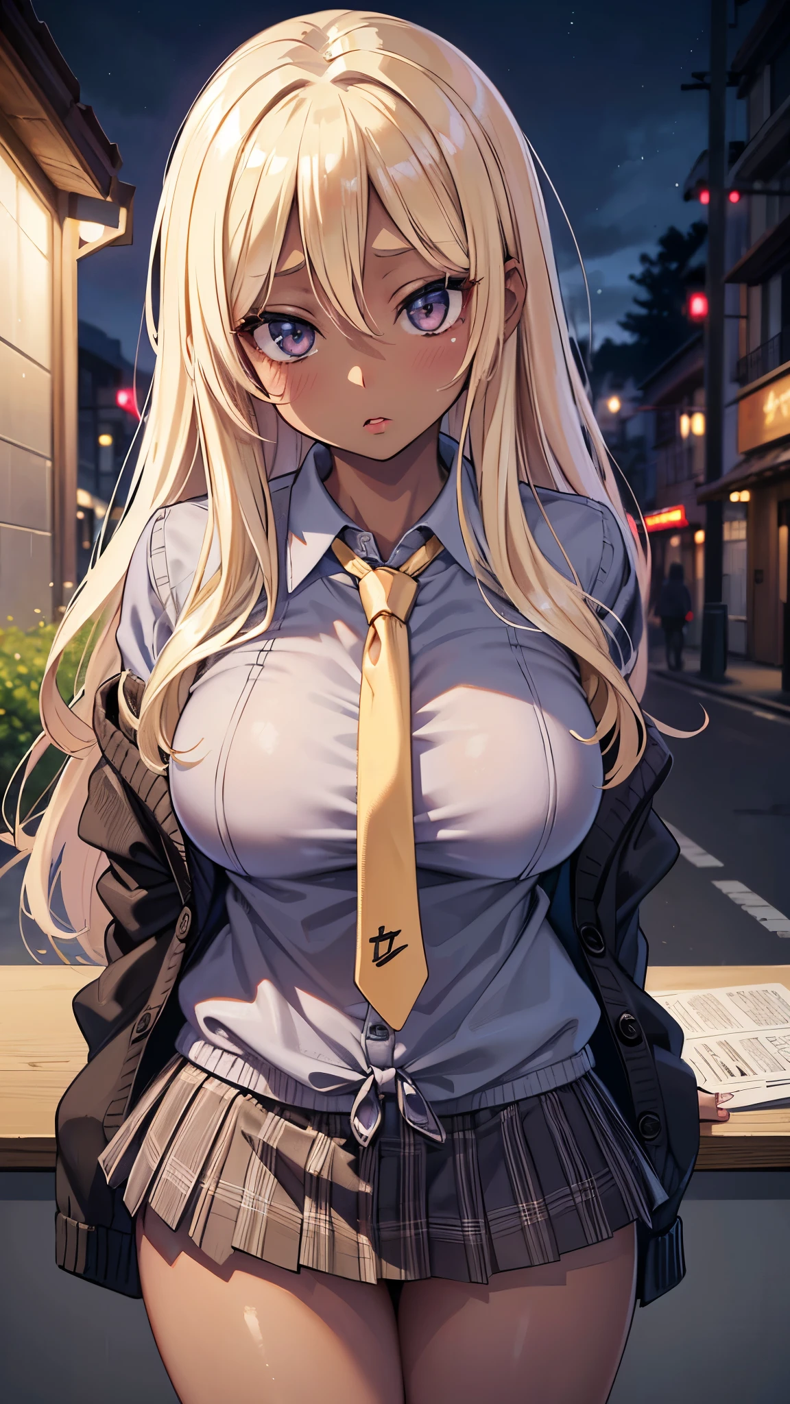 (highest quality:1.2, Anime artwork, Very detailed, High Detail, digital coloring, High Contrast, masterpiece:1.2, highest quality, Best aesthetics), (((kitagawa marin, 1 girl))), Black Hair, Straight long hair, Pink gradient hair, empty eyes, Earrings, White shirt, Black choker, Blue tie, Checked skirt, Pouting, slouch, Are standing, Cowboy Shot, bustling street, lift skirt myself,show panty,panty,lingerie,