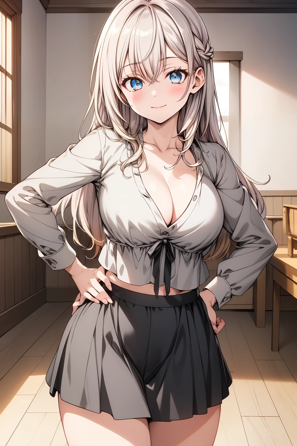 (masterpiece), (best quality), (ultra-detailed), (high resolution), (8K), (sharp focus), (perfect lighting), (natural colors), (anime style), (soft shading)

Alisa, (beautiful young woman), (long blonde hair), (blue eyes), ( eris  high detail), (pupils very detailed ), (blushing slightly), (cute smile), (elegant posture),(wide hips), (large breasts) 

Outfit: (casual attire), (light blue top), (V-neck with subtle cleavage), (mini skirt), (form-fitting), (showing midriff), (bare legs), (relaxed pose)

Scene: (inside a cozy house), (warm lighting), (soft shadows), (simple interior), (wooden floor), (background blur), (gentle atmosphere)

Pose: (standing casually with one hand on hip), (leaning slightly), (looking towards the viewer with a playful expression), (confident yet gentle demeanor)