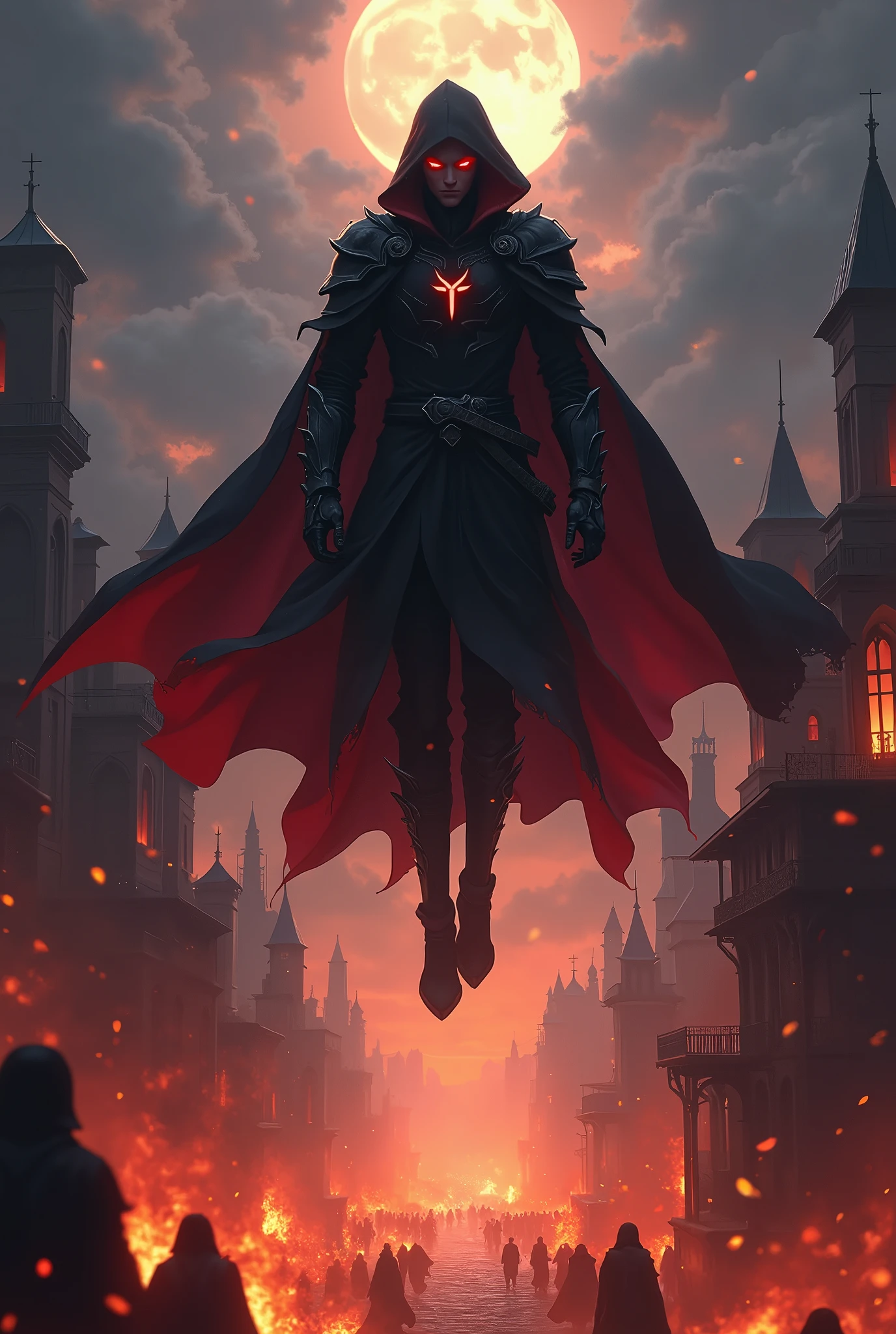 ((Fantasy Style)) ((Anime Style)) ((Medieval Fantasy)) Cover, during the night, an attractive dark lord with red eyes and wearing a black hooded cloak and dark armor is levitating in the air while contemplating the silhouettes of a terrible war below him on the streets of a burning city.