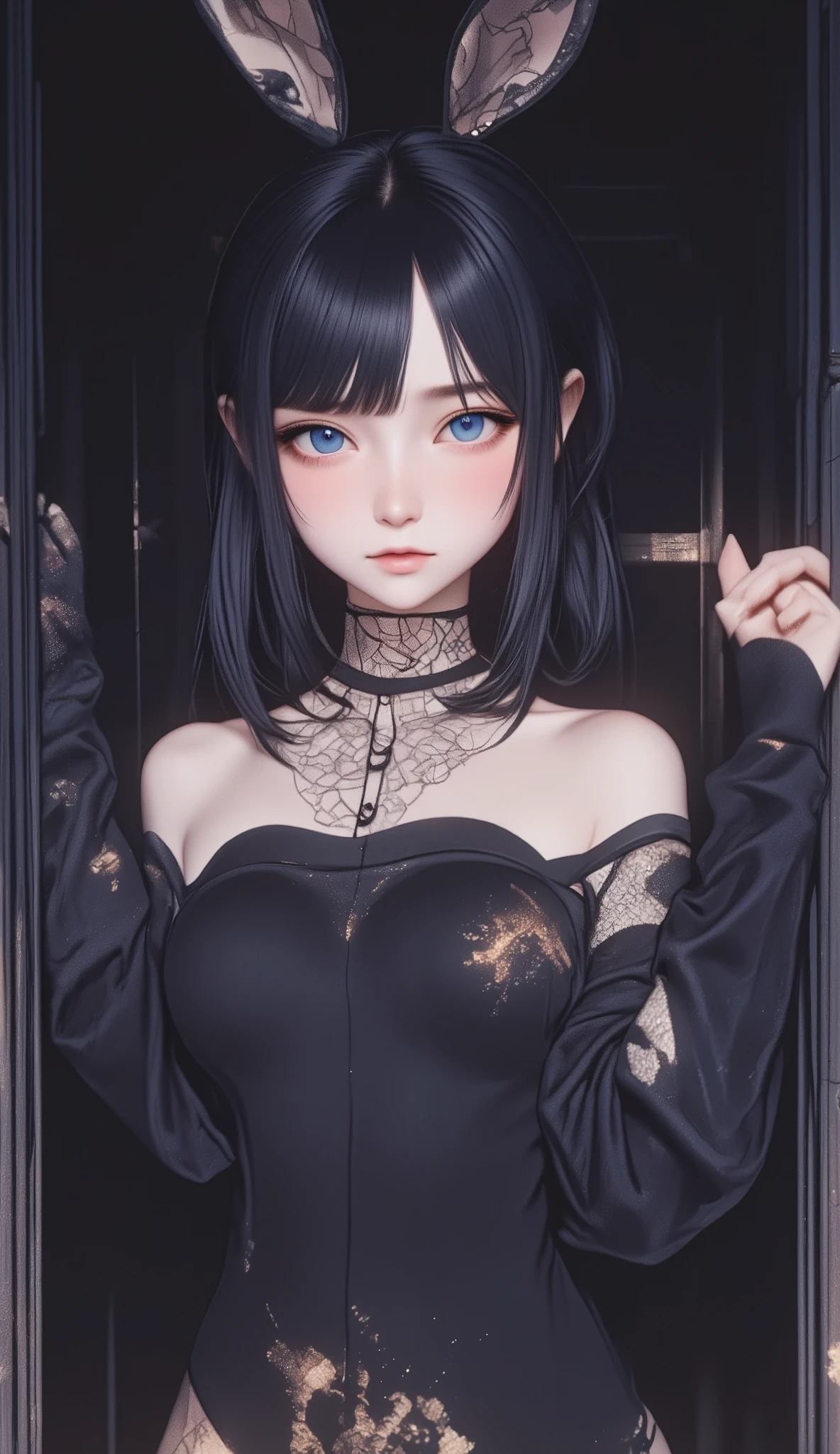 可愛いanime調、anime、Alone,  one girl ,  Strapless ,  Playboy Bunny Costume ,  black bunny girls,  Seductive Expression , Central chest, mid-length hair,  black hair,  ponytail:1.7, The confession room of an old church, Dim lighting, 