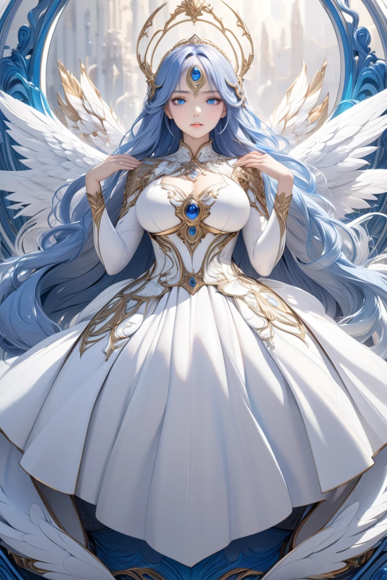 ((Highest quality)), ((masterpiece)), (detailed), (Perfect Face)、The woman embraces Zeus, the great, strong, bearded old man who is the chief god of Greek mythology, kisses him in oath, and gets married in heaven.、Women are messengers of God and great angels.6An archangel and god with wings and a shining halo above his head.々The wife of Zeus, the king of the gods, the goddess Extia、The woman is the beautiful Queen of the Gods, Goddess Extia, with medium-long blue hair. She is wearing a gorgeous white wedding dress with gold embroidery and trim, a white wedding veil, an engagement ring, and gorgeous accessories. She is an elegant goddess and a beautiful queen of the gods.