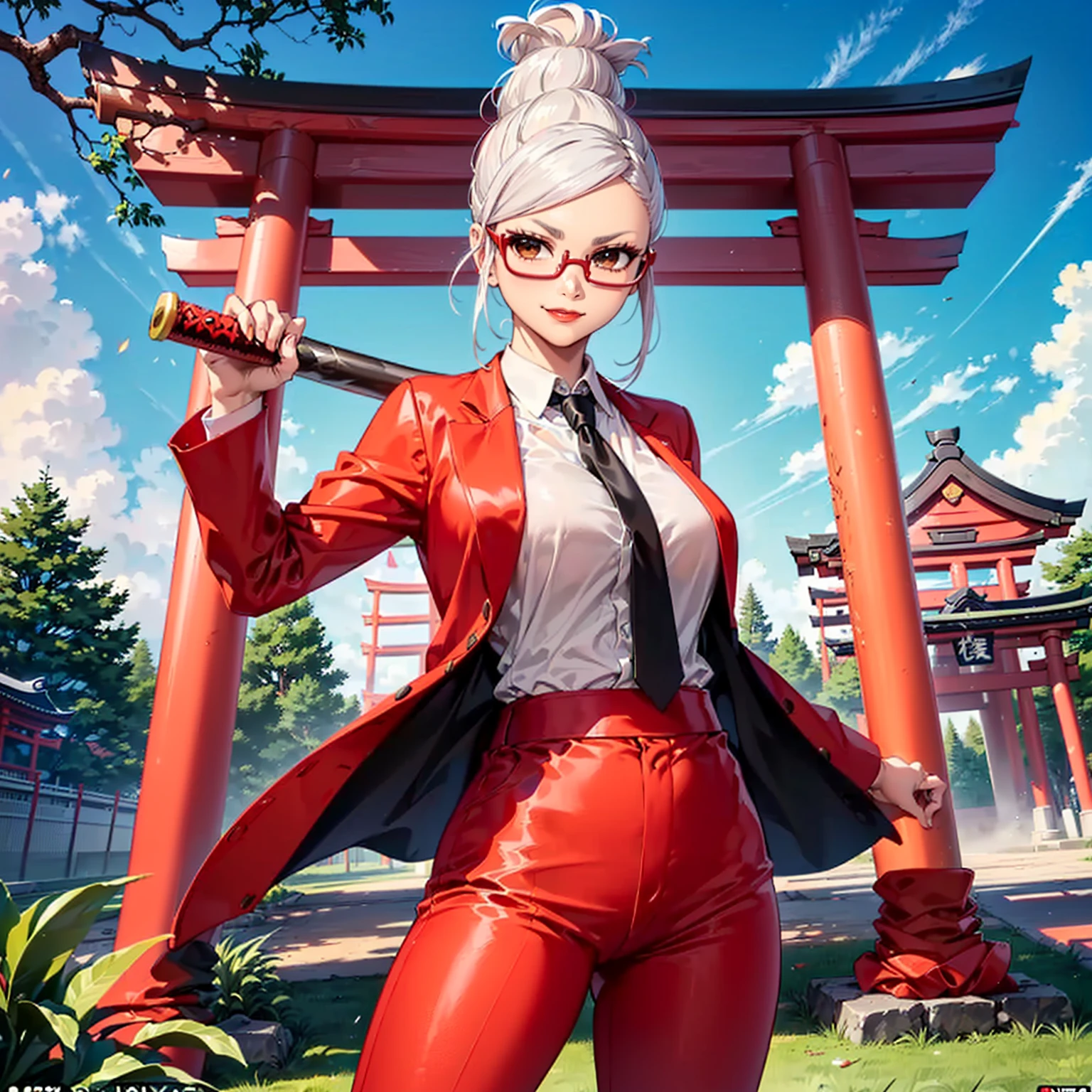 ((shiny eyes, 1girl, milf, standing, sexy pose, (AyaseSeiko, long hair, white hair, exotic hairstyle, hair bun, hair, brown eyes, red glasses), woman)), perfect face, sharp focus, professional artwork, intricate details)), ((fitness,, shapely body, athletic body, toned body)), ((red suit, dress shirt, white dress shirt, red pants, suit pant, tuxedo pants, holding a baseball bat, (baseball bat), Japanese temple, trees, torii, ancient Japanese architecture, low-angle shot, low-angle framing), smug, smug smule, purple tie, black belt, lagoon, red lipstick))