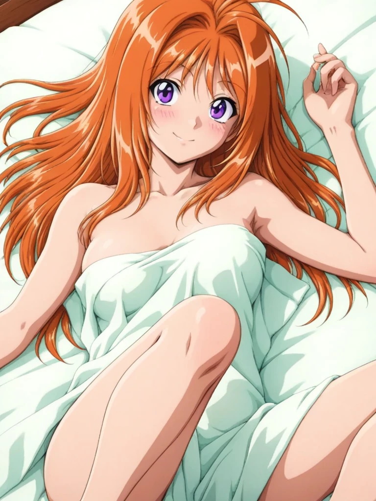 masterpiece, best quality, SaekiRuruna, 1girl, solo, long hair, orange hair, purple eyes, medium breasts, antenna hair, smile, blush, naked sheets, on bed, lying, on back, open legs, bed room,