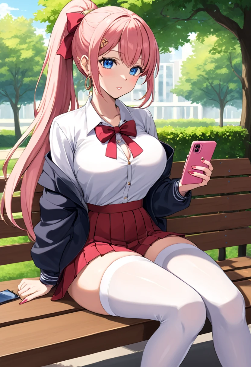 1girl, solo, masterpiece, best quality, (anime art style:1.0), 2d, dynamic shadows, masterpiece, best quality, (anime art style:1.0), 2d, dynamic shadows, atmosferic, round breasts, sitting on a bench in a park, long red hair, hair up in a ponytail, gold hair clip accessories, soft pink lips, gold hoop earrings, light makeup,  beige Japanese school girl uniform, red bow, white thigh highs, black Mary Jane shoes, blushing, painted pink fingernails, holding a phone with a pink phone case, blue eyes, silver and gold necklace, thick thighs, 