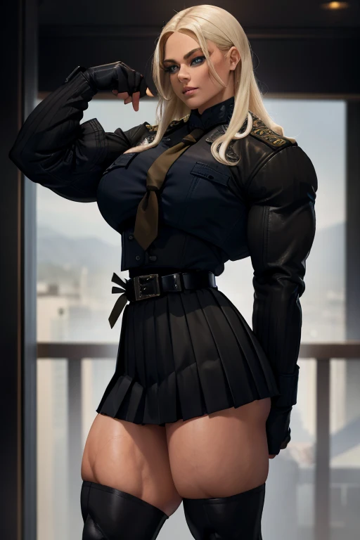 ((Massive, beautiful, buff, light brown skinned muscular woman with white hair, blue eyes, black lipstick, standing in attention, ginormous bulky muscles)), (close view), ((((long sleeve military overcoat)))), necktie, blazer, ((((military officer uniform)))), (((waistcoat))), ((military officer uniform)), ((pencil skirt)), ((pencil skirt)), tie clip, pocket square, cloves, (pantyhose), high heels, (close view), (massive muscles), hyper muscles, long straight hair, in a military office,