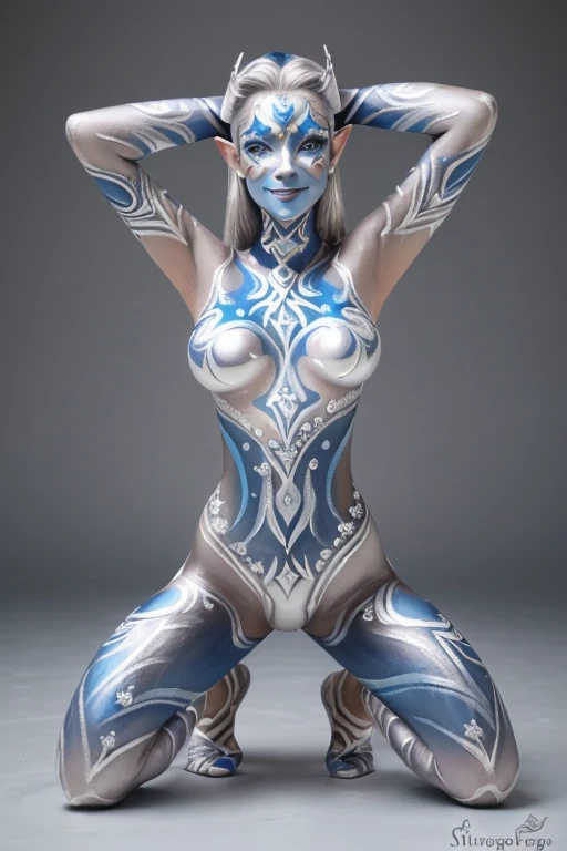 (SFW:1.3), High quality, Elf, (Full body silver body paint:1.4), (Blue arabesque pattern body and face paint:1.4), (Silver gradient paint towards the tip of the arms and legs:1.2), Photorealistic, silver hair, large breasts, realistic, kneeling, smile, bikini