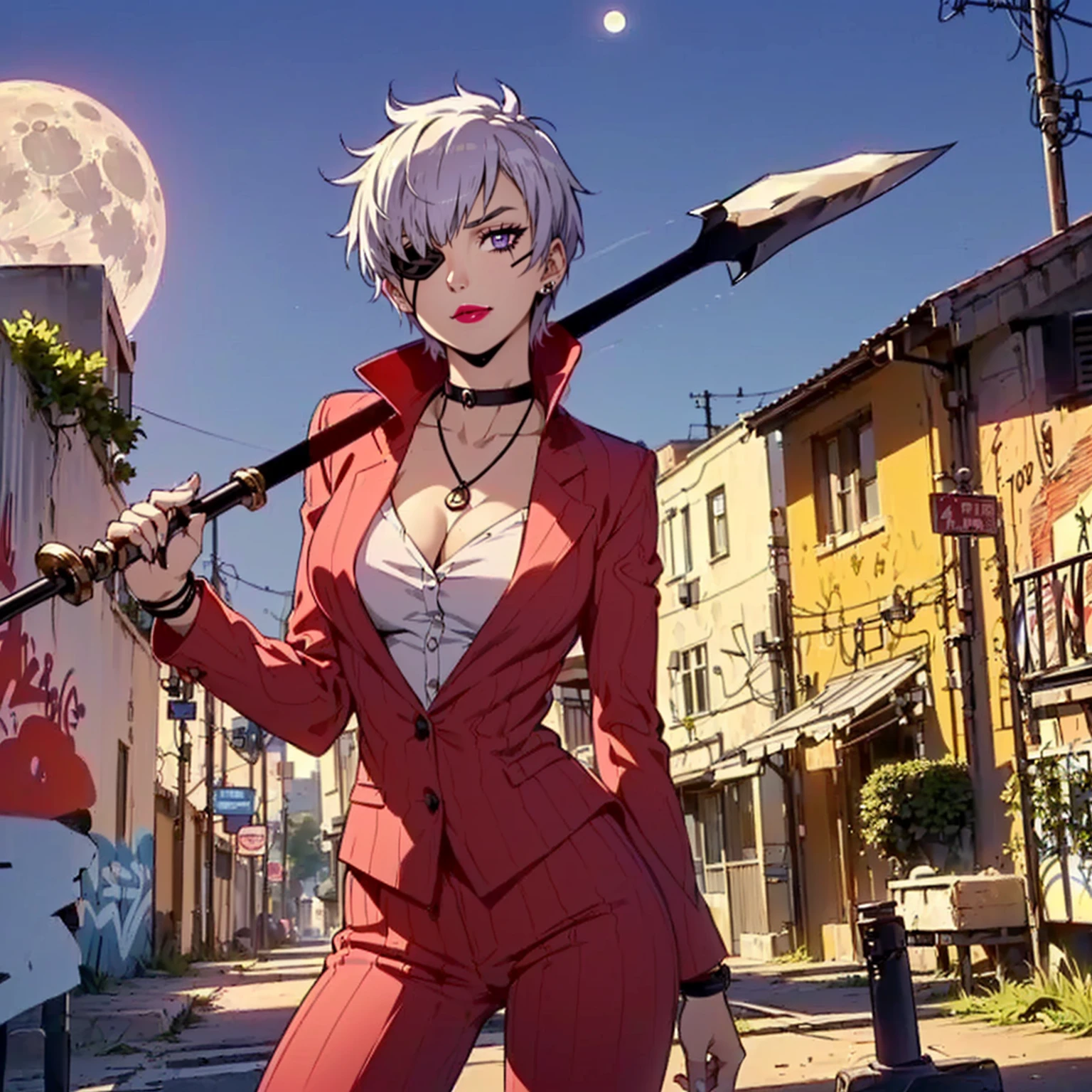 (1girl, Alone, alone), (najenda, short hair, (eye patch, purple eyes:1.3), grey hair, eyepatch, eye patch, single mechanical arm, Silver Hair,Short Hair, lilac eyes), ((Alone, (1woman,pink lipstick ), extremely detailed , Soft ambient lighting, 4K, perfect eyes, a perfect face, Perfect Lighting, the 1 girl)), ((fitness, , shapely body, athletic body, toned body)) , ((red suit, striped suit, red pants, holding a spear, armed with a spear, lilac dress shirt, alley, street, city, (graffitied walls, night, full moon, smug), red lipstick, necklace, bracelets, earrings))