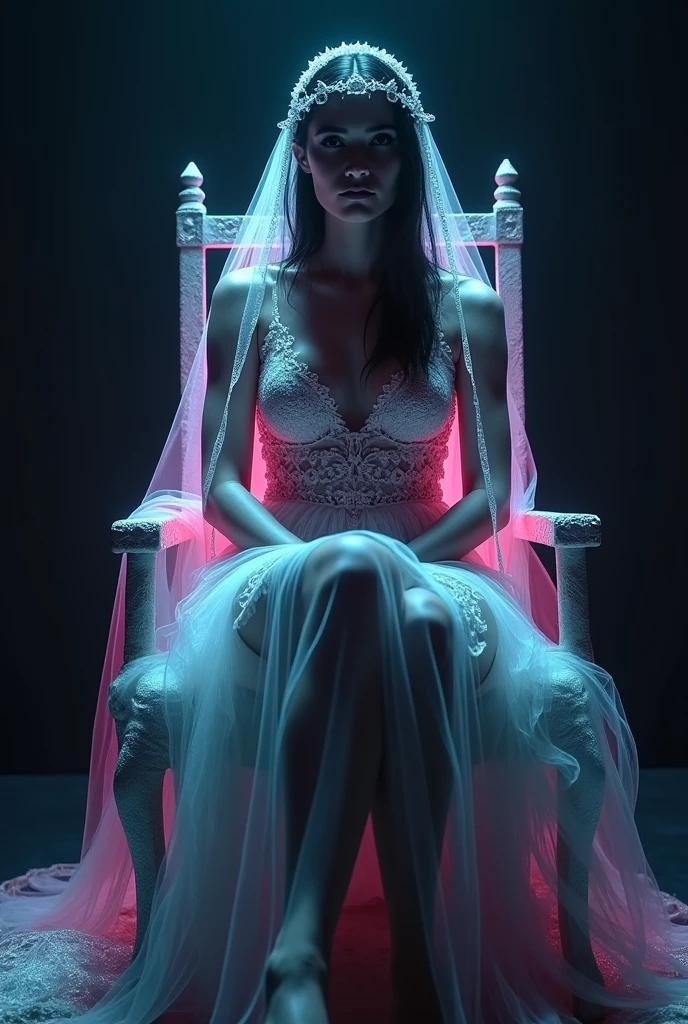 photorealistic of "holographic image" in glowing shape of full body girl, dark goth bride wearing grey tulle veil in nymph style, sitting in a throne, crossing legs,provocative pose stance,hi-res highly detailed, intricate, psychedelic gradient multi-color