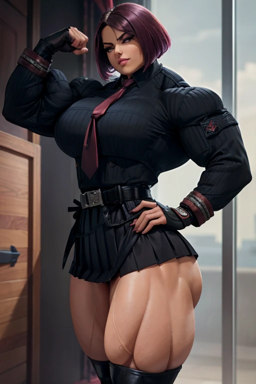 ((Close-up)), tall, (black hair) beautiful muscular woman, long straight hair, light brown skinned, closed smile, (black lipstick), (massive muscles), (hyper muscle), (ginormous bulky muscles), glowing orange eyes, (((long black zipped jacket))) ((long black pleated skirt)), choker, boots, night in Scotland,