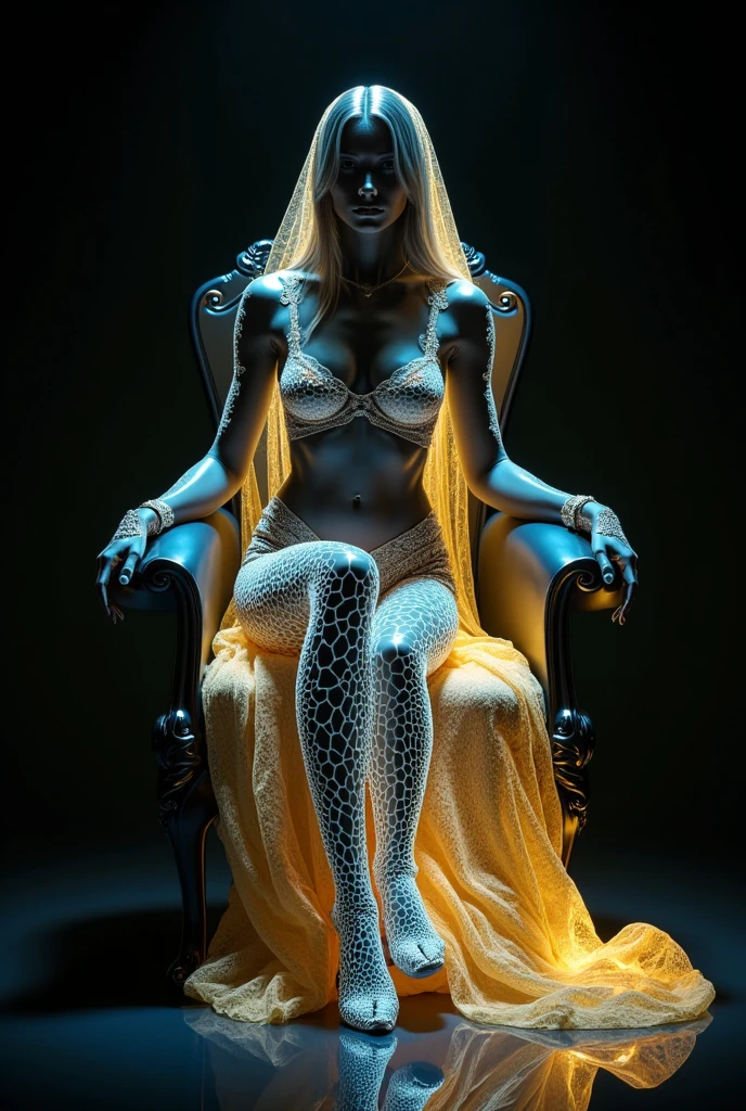 photorealistic of "holographic image" in glowing shape of full body girl, dark goth bride wearing golden tulle veil in nymph style, sitting in a throne, crossing legs,provocative pose stance,hi-res highly detailed, intricate, psychedelic gradient multi-color