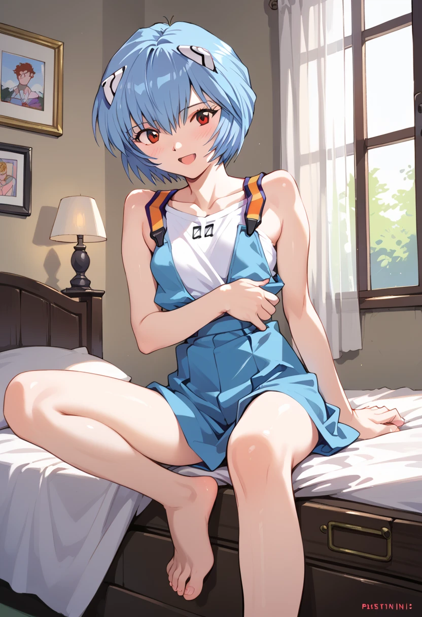 (( best quality)), ((masterpiece)), (be familiar with),  perfect face, indoor, bedroom,  watching viewers ,
One woman, Rei Ayanami,
 characters with open mouth ,  ecstatic expression with hands in front of body, blush, smile,
Small breasts,  flat chested, Young girl, Lori,  s,  girl,
Short Hair,  shorthair ,
Leg spread,