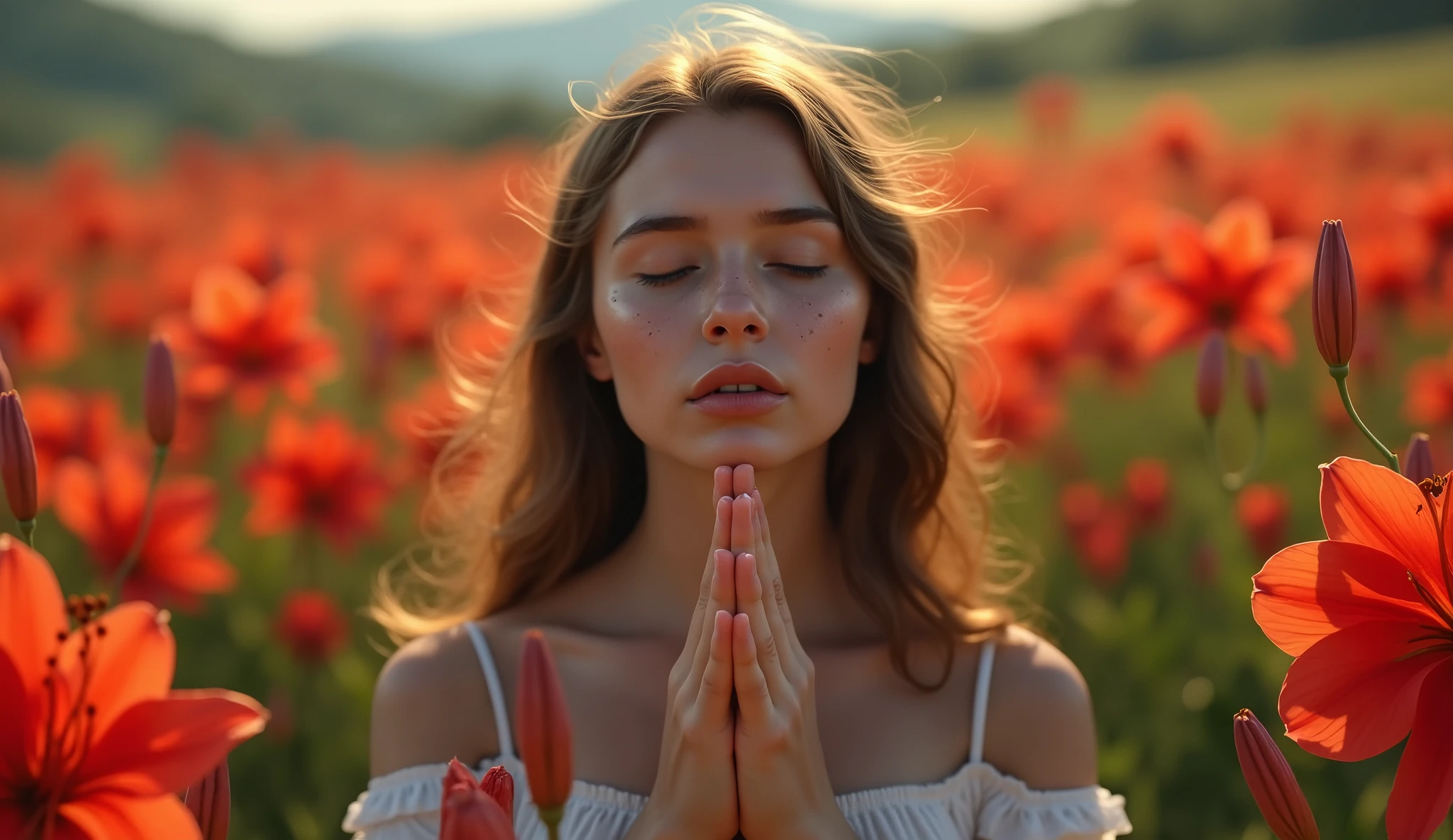 Arafed woman in a field of red flowers with her eyes closed - SeaArt AI