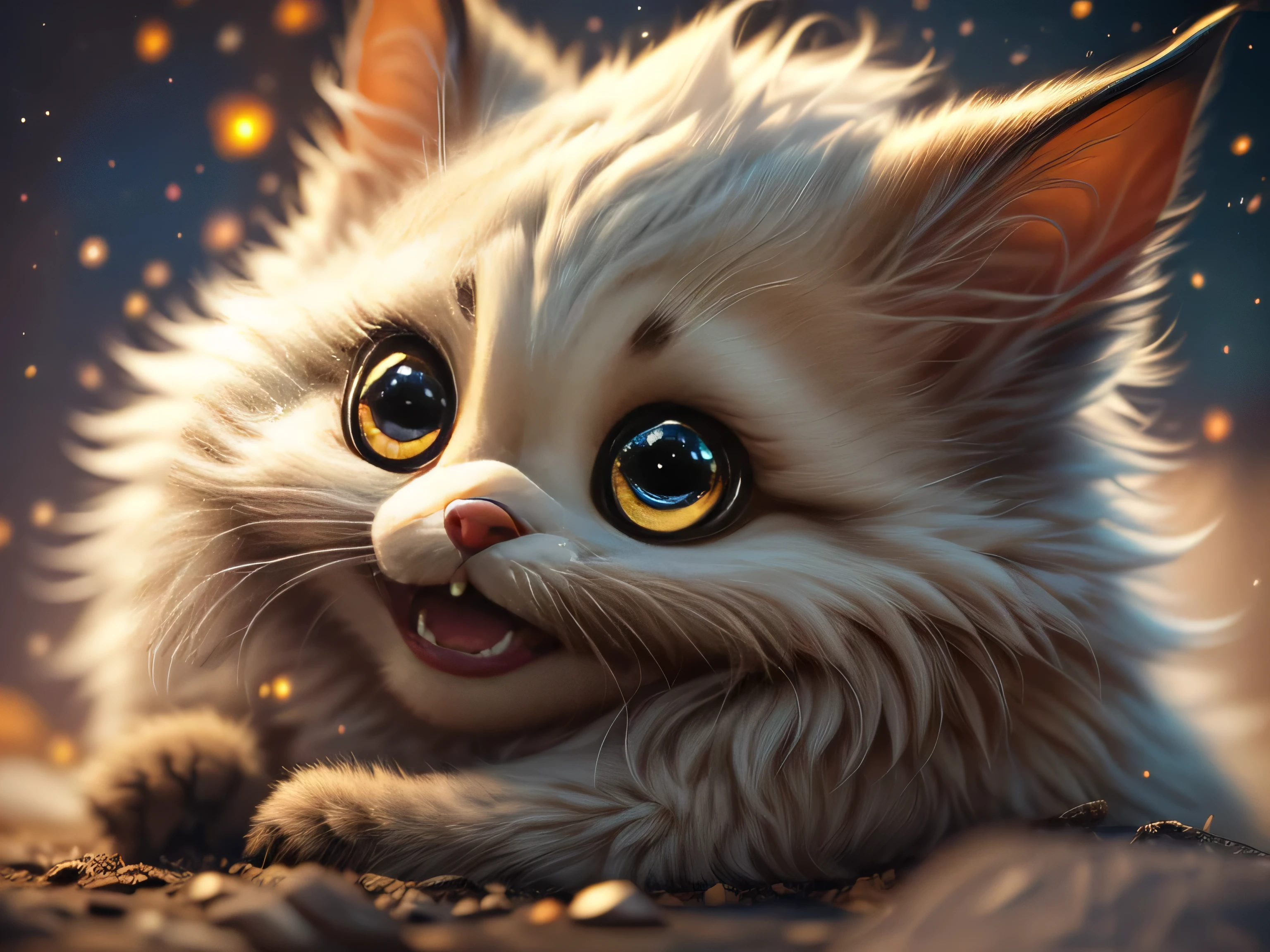 Magical Fantasy Creature, (Best Quality, Masterpiece, Representative Work, Official Art, Professional, Super Detailed, 8k:1.3), (Photorealism:1.2) Super Cute, Big Eyes, Soft, Soft Nose, Fluffy, Two-Toothed Smile, Bat Hanging Upside Down, Realistic, Beautiful, Stars in Eyes, Soft Volumetric Light, (Backlight:1.3), (Cinematic:1.2), Intricate Details, (ArtStation:1.3), --auto --s2