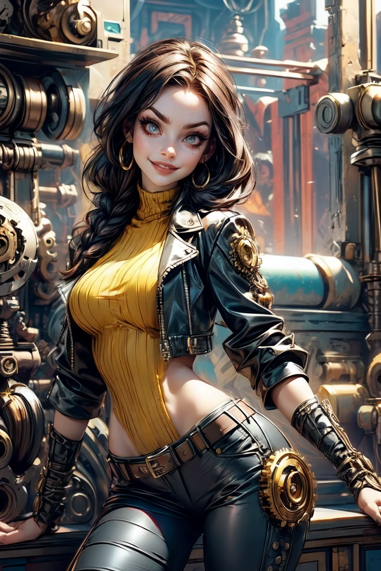 (masterpiece), anime style, 1girl, expressive eyes, beautiful face, black mascara, sharp mascara, thick eyelashes, black eye shadow, long dark hair, braids, ((smiling mischievously)), cute, voluptous, tall, mature, muscular physique, wide shoulders, large breasts, black leather jacket, cog, meccog, black steampunk outfit, long pants, boots,  sitting, ((park)), coffee maker, cup, morning, 