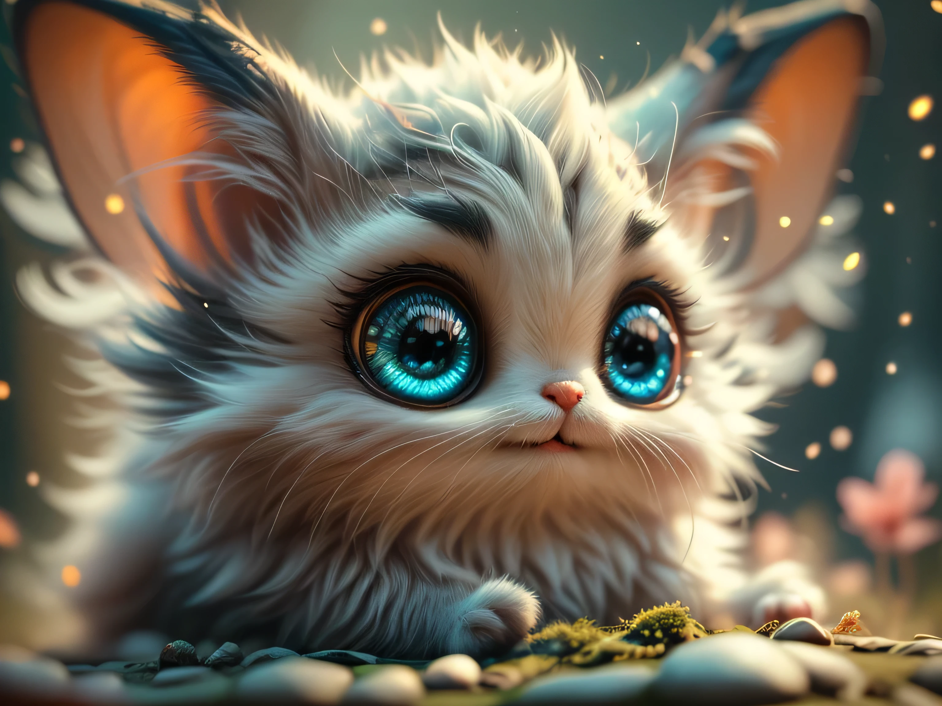 Magical Fantasy Creature, (Best Quality, Masterpiece, Representative Work, Official Art, Professional, Super Detailed, 8k:1.3), (Photorealism:1.2) Super Cute, Big Eyes, Soft, Soft Nose, Fluffy, Two-Toothed Smile, Bat Hanging Upside Down, Realistic, Beautiful, Stars in Eyes, Soft Volumetric Light, (Backlight:1.3), (Cinematic:1.2), Intricate Details, (ArtStation:1.3), --auto --s2