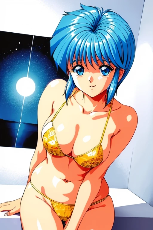 Draw only specifically and in detail the girl Shampoo, she is an anime character ramma ½ Style 80s and 90s, Rumiko Takahashi Coral;
Shampoo tiene el cabello color azul (indigo), waist-length hair with a full fringe and two long strands hanging in front that are secured with bows. Hair with double bun,
good body, medium breasts Pslose sexy