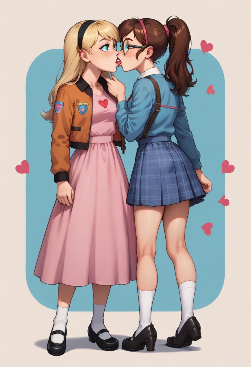 2girls, full body, margo, brown hair, ponytail, jacket, glasses, plaid skirt, penny peterson, long hair, blue eyes, freckles, blonde hair, skirt, red panda ear hairband, black hairband, white socks, dress, pink dress, long sleeves, mary janes, black mary janes, rubbing their butts, french kiss, heart Background