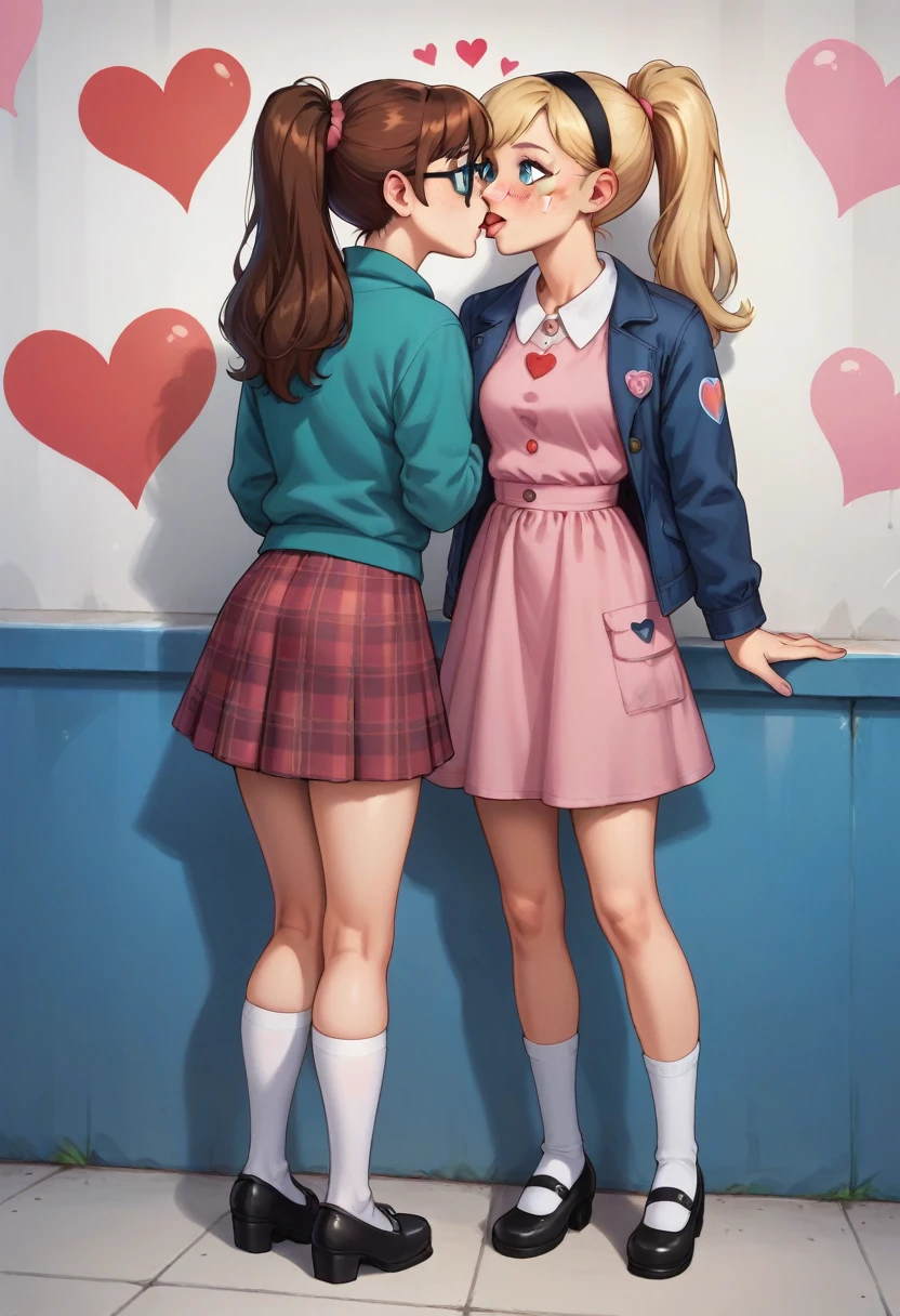 2girls, full body, margo, brown hair, ponytail, jacket, glasses, plaid skirt, penny peterson, long hair, blue eyes, freckles, blonde hair, skirt, red panda ear hairband, black hairband, white socks, dress, pink dress, long sleeves, mary janes, black mary janes, rubbing their butts, french kiss, heart Background