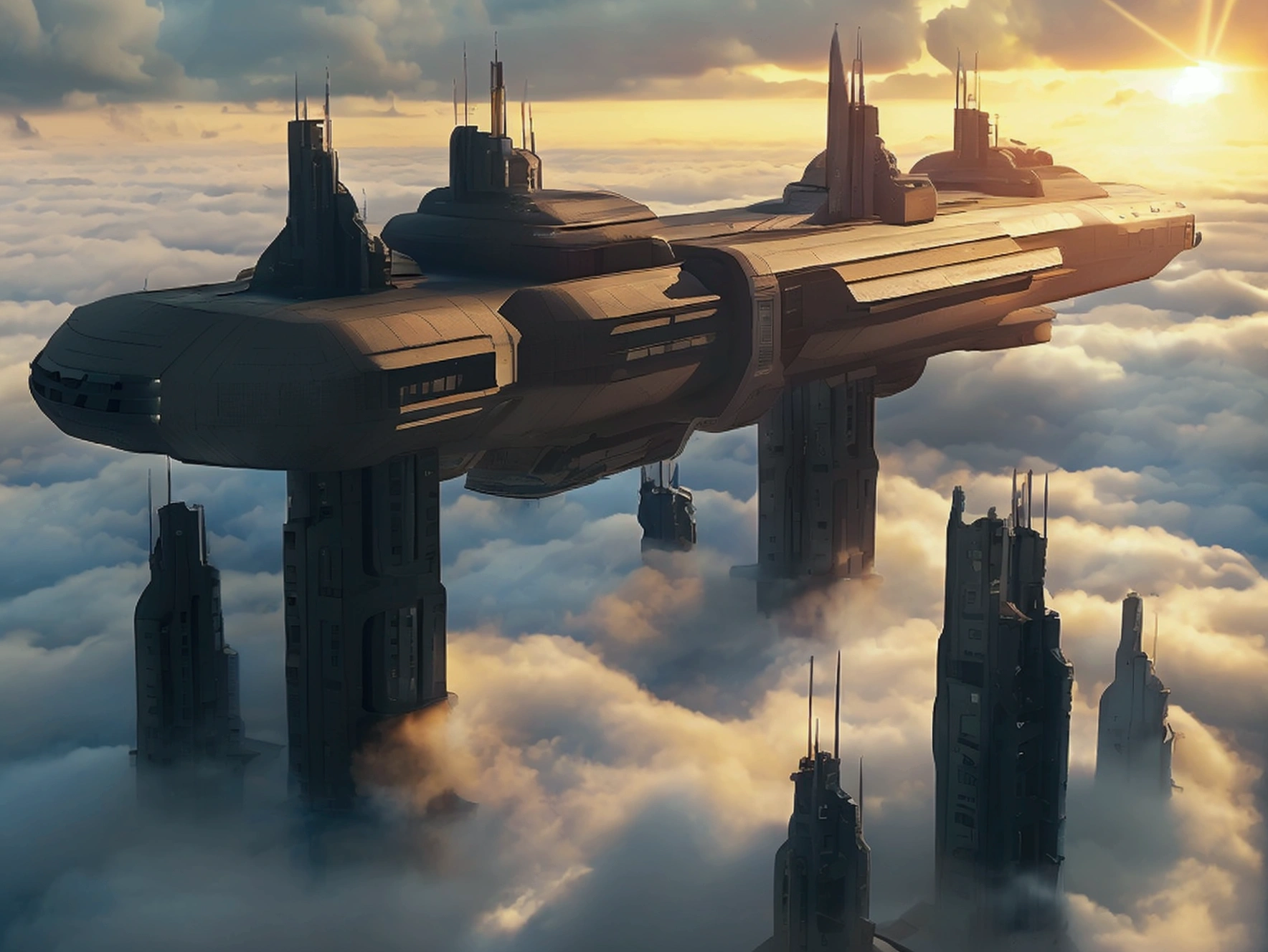  Monolithic buildings , brutalism style ,  minimalist , Giants,  that surpass the clouds are observed from a higher point .  A huge futuristic spaceship ,  of passenger transport ,  fly slowly close to .  The clouds look as if it were on the floor of the scene .  Cinematic lighting that highlights textures and lights and shadows.  Hyper realistic image in high definition 12K 