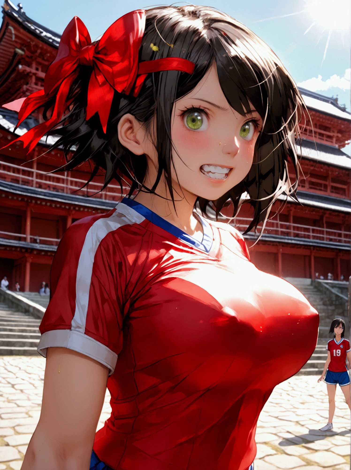 (   standing alone at Kiyomizu-dera at noon viewing angle  ),(  black hair)、(  short hair on the nose  )、(((  red volleyball uniform )))、(((( Pain々Funny face)))、((( Frowning)))、(((Green,White teeth)))、((( ahehe))),(((Bow-legged)))、(((Ｏfoot)))、(((Stadium)))、「  best quality、masterpiece、   faceless illustration  、  very delicate and beautiful  、  very detailed、CG、8k wallpaper、 wonderful、  sex、masterpiece、最高の究極の芸術  very detailed CG Unity 8k wallpaper」、    Japanese girl、(giant body huge chest )、(((  pee  )))、((( transparent nipples )))