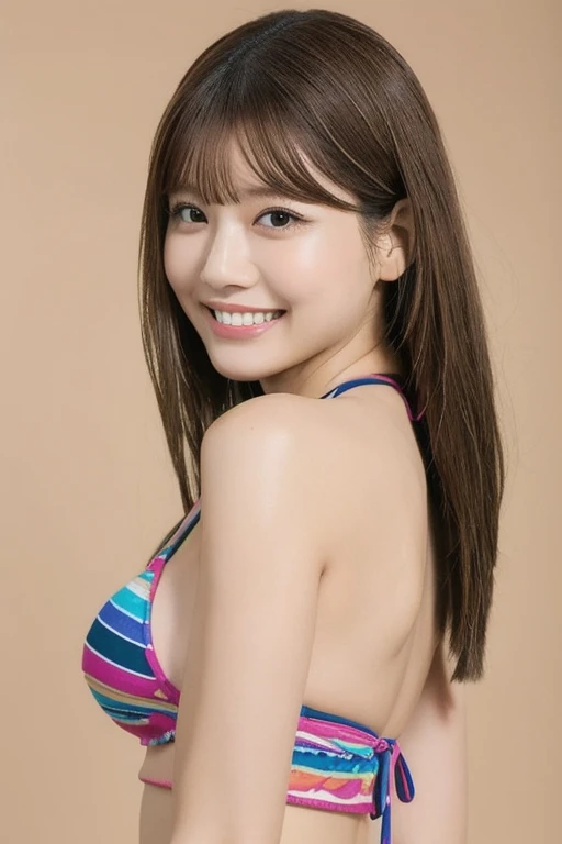 :2、Colorful patterned bikini:2、 beautiful boobs:2、 boob emphasis:2、 Model Pose :2、whole body:2、  Japanese、  College Student 、1 woman、Big Eyes、 double eyelid 、 Thick lips、 beautiful face、shame:2、 middle of chest:1.5、 Chest emphasis  :2、belly button:2、(masterpiece、 best quality、 professional lighting、  colorful background :2、   anatomically accurate,  Ultra-fine,   very detailed  ,    textured skin , ):2、 gaze, smile, whole body:3、Look ahead:3