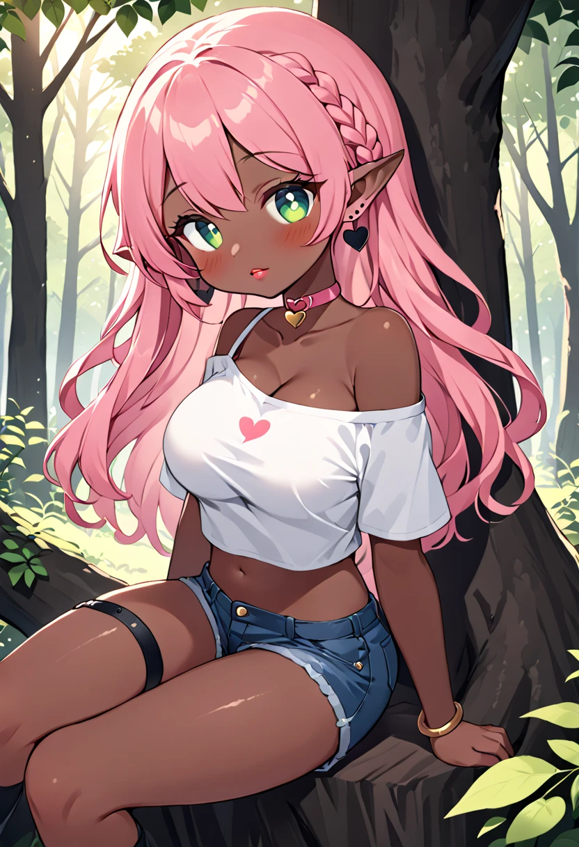 1girl, solo, masterpiece, best quality, (anime art style:1.0), 2d, dynamic shadows, masterpiece, best quality, (anime art style:1.0), 2d, dynamic shadows, atmosferic, round breasts, long black wavy hair, elf ears, soft red lips, sitting in a green tree, denim blue shorts, grey off shoulder t-shirt, holding a explosive, cute, stud earrings, black leather socks, chunky black boots with pink shoe laces, black heart tattoo on stomach, stomach exposed, forest background, very dark skin, blushing, braided hair, gold anklet, pink choker, green eyes