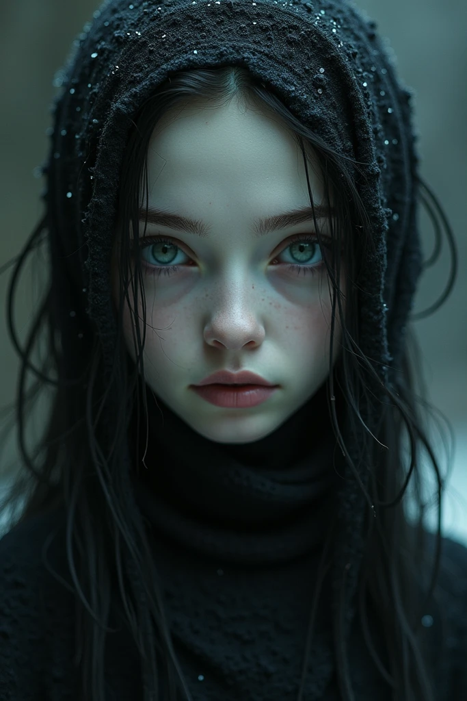One woman, approximately 25 years old, in loose, lightweight black clothing, wearing a prominently visible balaclava. She has striking blue eyes, adding to the atmosphere. The woman is depicted from the waist up, in random, beautiful locations and in various natural poses. Her face and other visible parts of her body are rendered with maximum detail and high quality. The background and her pose are randomly generated, creating a unique and unpredictable scene with a sense of mystery and solitude. The image features soft, diffused lighting and a shallow depth of field, enhancing the overall mood.